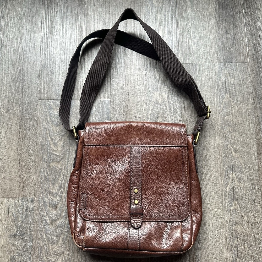 Fossil Travis Citybag Leather Brown Pebbled Crossbody Messenger Bag School